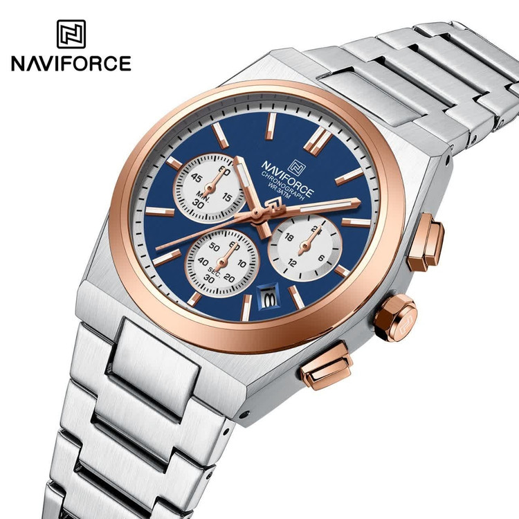 ست ساعت مچی زنانه و مردانه کرنوگراف نیوی فورس NAVIFORCE مدل Nf8048 موتور ژاپن نقره ای آبی