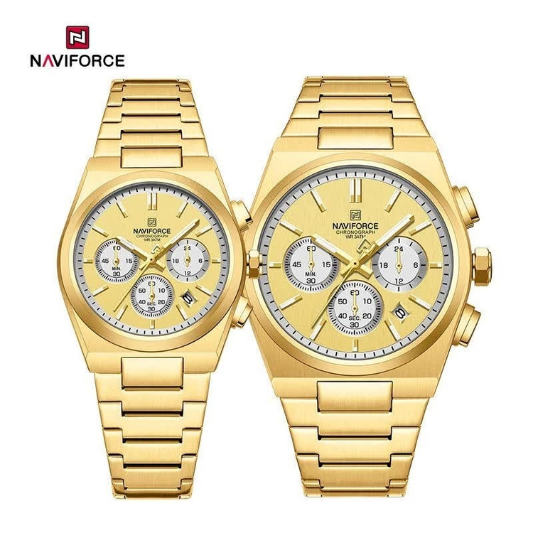 ست ساعت مچی زنانه و مردانه کرنوگراف نیوی فورس NAVIFORCE مدل Nf8048 موتور ژاپن طلایی
