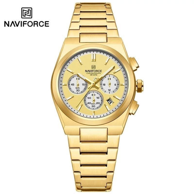 ست ساعت مچی زنانه و مردانه کرنوگراف نیوی فورس NAVIFORCE مدل Nf8048 موتور ژاپن طلایی