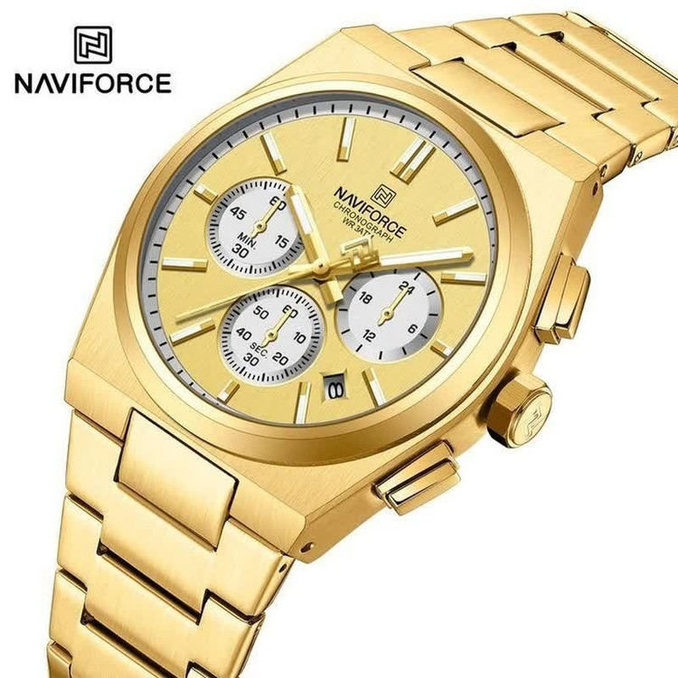 ست ساعت مچی زنانه و مردانه کرنوگراف نیوی فورس NAVIFORCE مدل Nf8048 موتور ژاپن طلایی