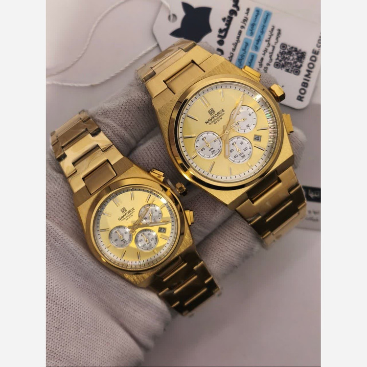 ست ساعت مچی زنانه و مردانه کرنوگراف نیوی فورس NAVIFORCE مدل Nf8048 موتور ژاپن طلایی