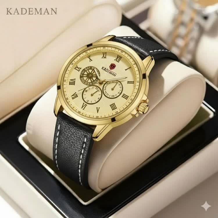 ساعت مچی مردانه کرنوگراف کیدمن KADEMAN بند چرم مشکی صفحه طلایی