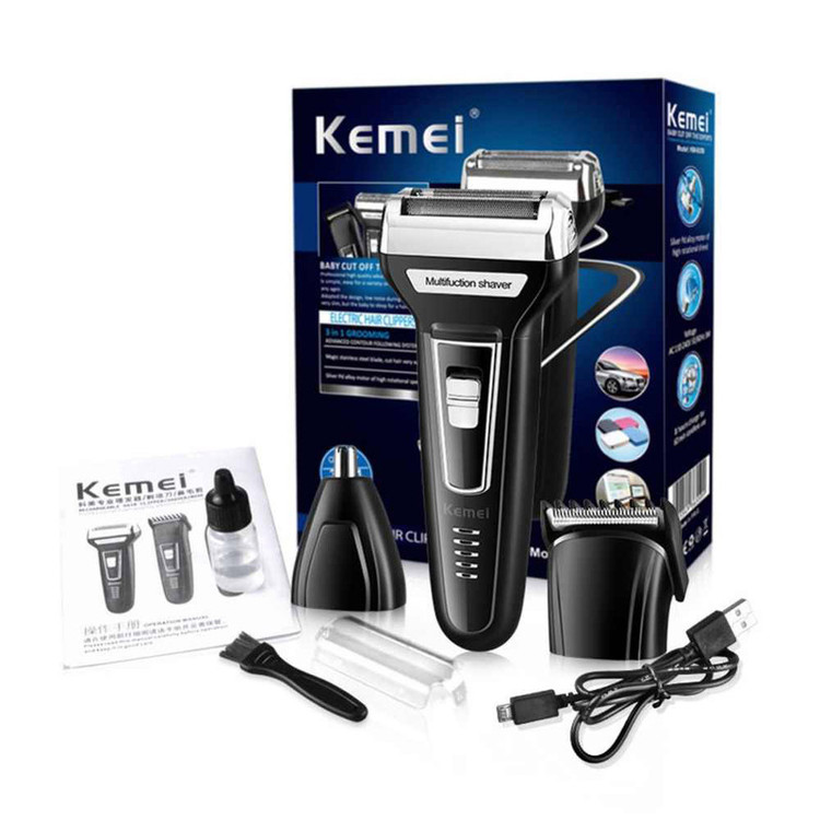 ماشین اصلاح موی صورت کیمی مدل KM-6559 با تیغه استیل ضد زنگ، اصلاح چرخشی، سه سری مخصوص صورت، سر و گوش بینی، شارژی با کابل USB، مدت زمان استفاده 60 دقیقه و طراحی ارگونومیک