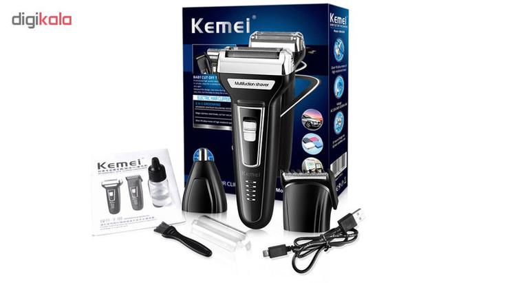 ماشین اصلاح موی صورت کیمی مدل KM-6559 با تیغه استیل ضد زنگ، اصلاح چرخشی، سه سری مخصوص صورت، سر و گوش بینی، شارژی با کابل USB، مدت زمان استفاده 60 دقیقه و طراحی ارگونومیک