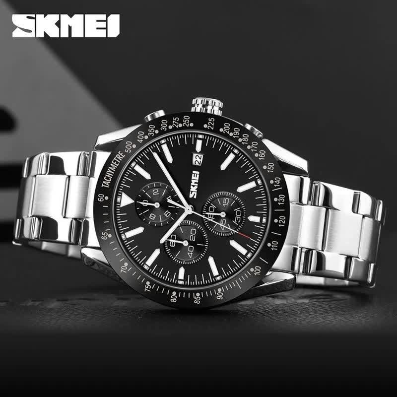 ساعت مچی مردانه کرنوگراف اسکمی SKMEI مدل 9253 سه موتوره صفحه مشکی