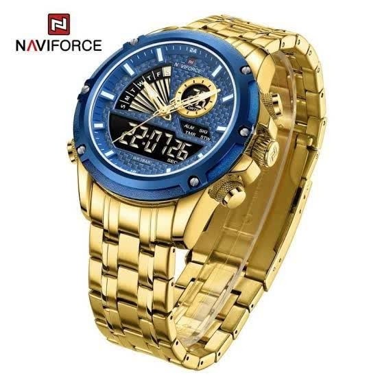 ساعت مچی مردانه عقربه ای و دیجیتال نیوی فورس NAVIFORCE مدل nf9205 موتور ژاپنی طلایی