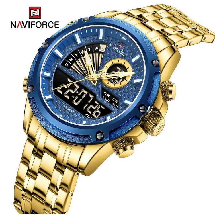 ساعت مچی مردانه عقربه ای و دیجیتال نیوی فورس NAVIFORCE مدل nf9205 موتور ژاپنی طلایی