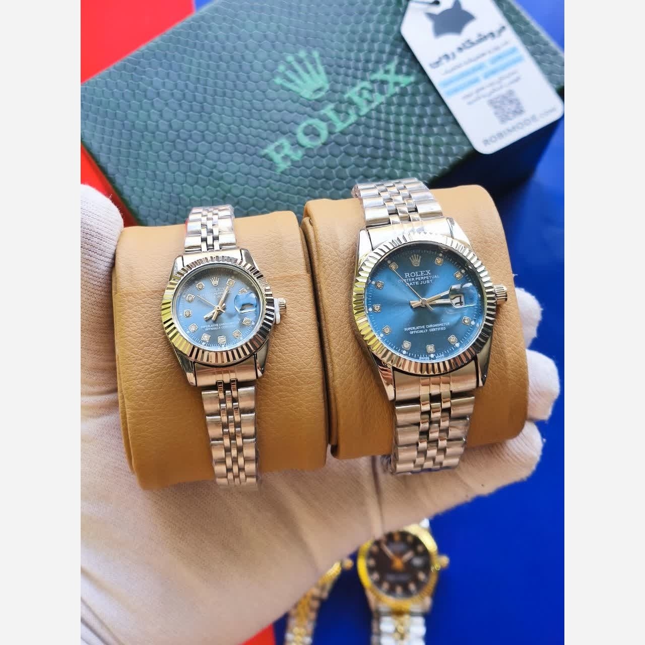 ست ساعت رولکس دیت جاست زنانه و مردانه ROLEX Date just نقره ای آبی
