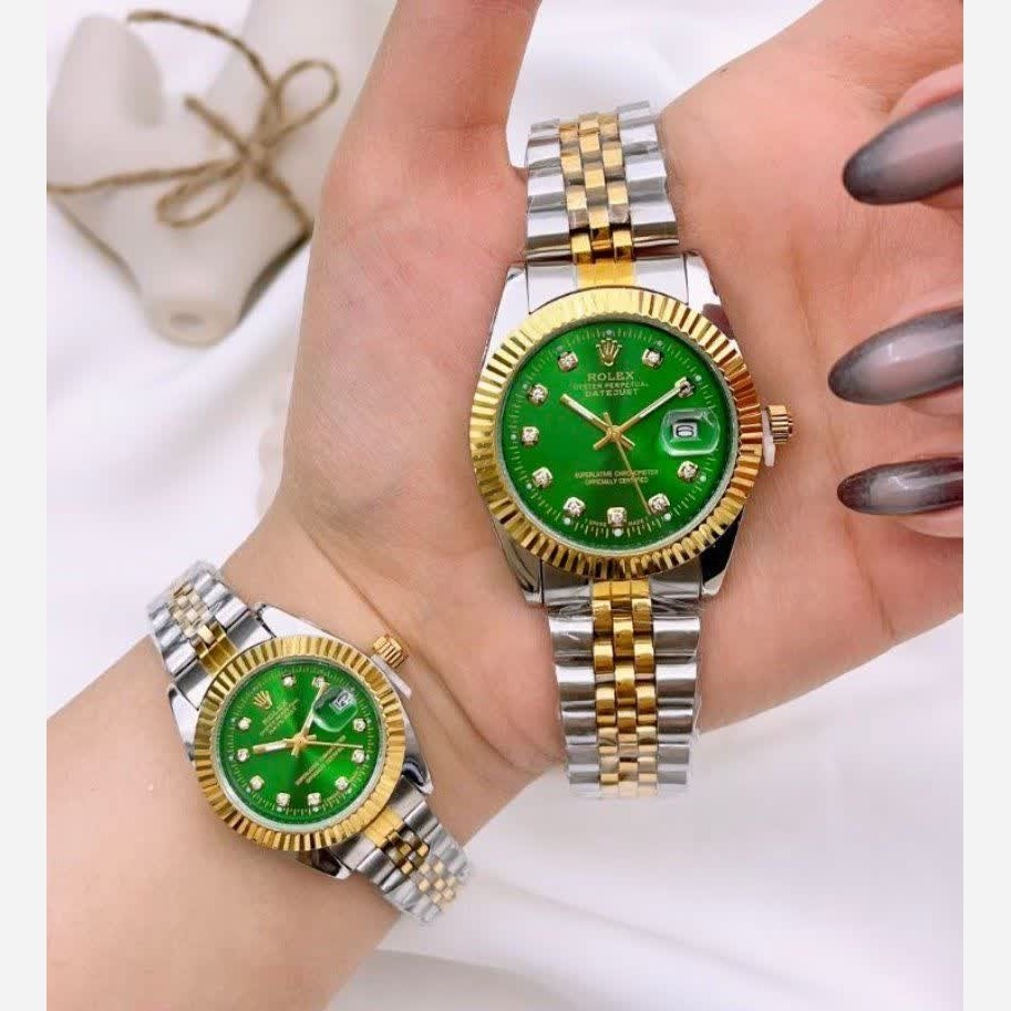 ست ساعت رولکس دیت جاست زنانه و مردانه ROLEX Date just رگه طلایی سبز