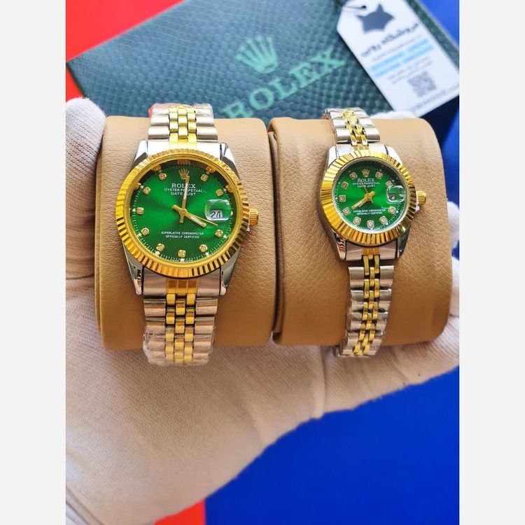 ست ساعت رولکس دیت جاست زنانه و مردانه ROLEX Date just رگه طلایی سبز