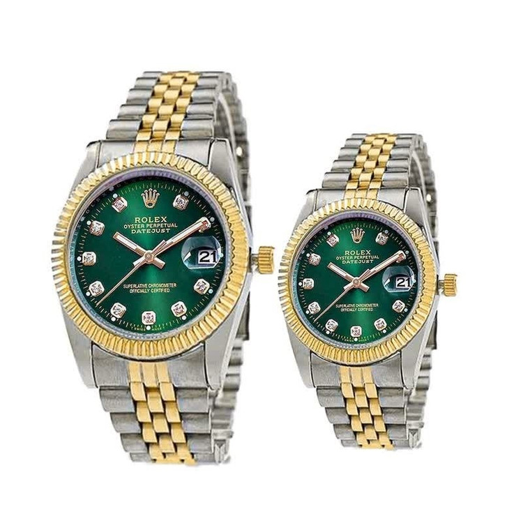 ست ساعت رولکس دیت جاست زنانه و مردانه ROLEX Date just رگه طلایی سبز