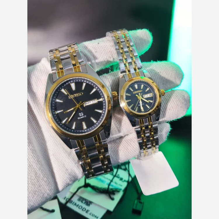 ست ساعت مچی زنانه و مردانه سیکو SEIKO دو تاریخه ژاپنی صفحه مشکی