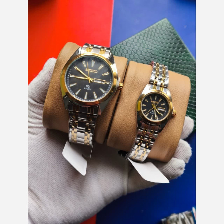 ست ساعت مچی زنانه و مردانه سیکو SEIKO دو تاریخه ژاپنی صفحه مشکی