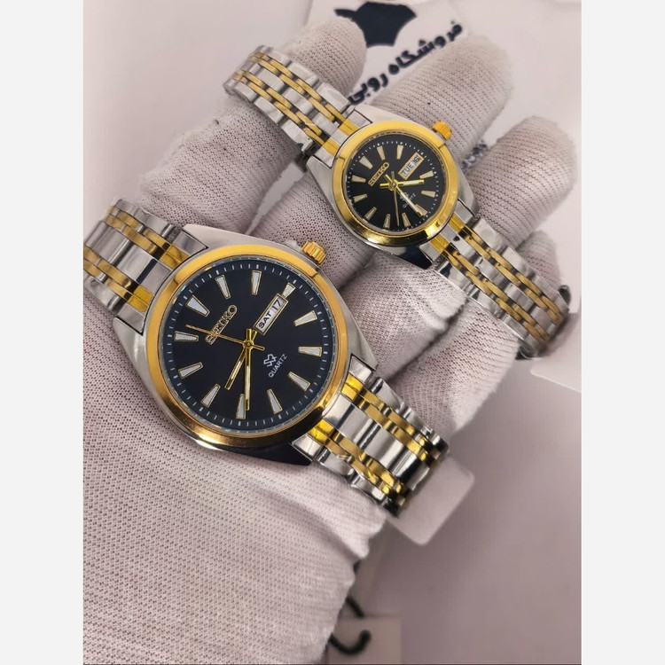 ست ساعت مچی زنانه و مردانه سیکو SEIKO دو تاریخه ژاپنی صفحه مشکی