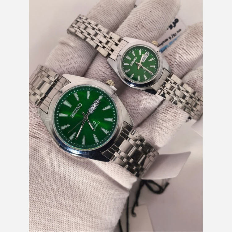ست ساعت مچی زنانه و مردانه سیکو SEIKO دو تاریخه ژاپنی صفحه سبز