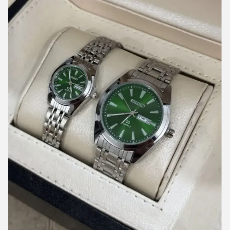 ست ساعت مچی زنانه و مردانه سیکو SEIKO دو تاریخه ژاپنی صفحه سبز