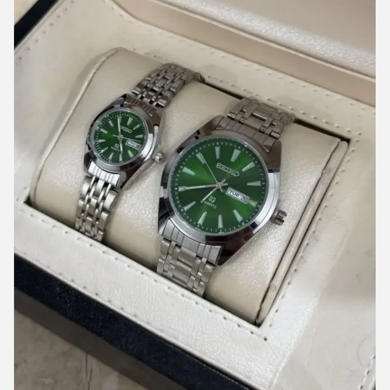ست ساعت مچی زنانه و مردانه سیکو SEIKO دو تاریخه ژاپنی صفحه سبز