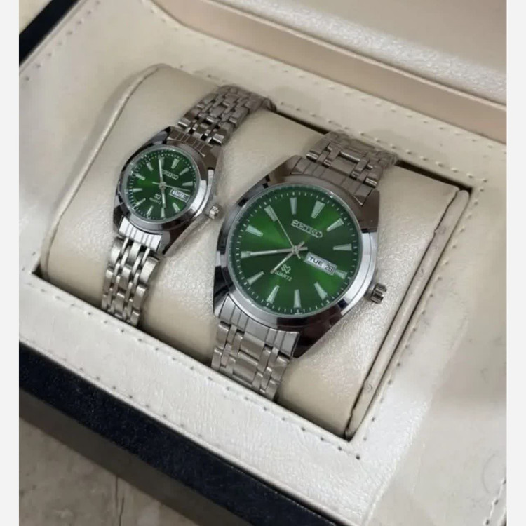 ست ساعت مچی زنانه و مردانه سیکو SEIKO دو تاریخه ژاپنی صفحه سبز