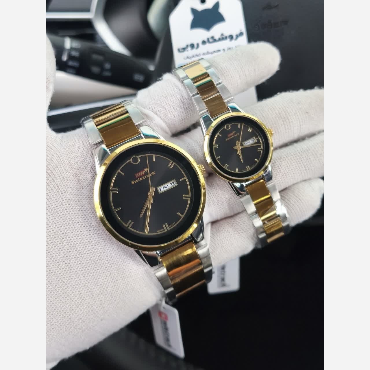 ست ساعت مچی زنانه و مردانه سویس تراک swistrack اصلی با جعبه موتور ژاپن - رگه طلایی