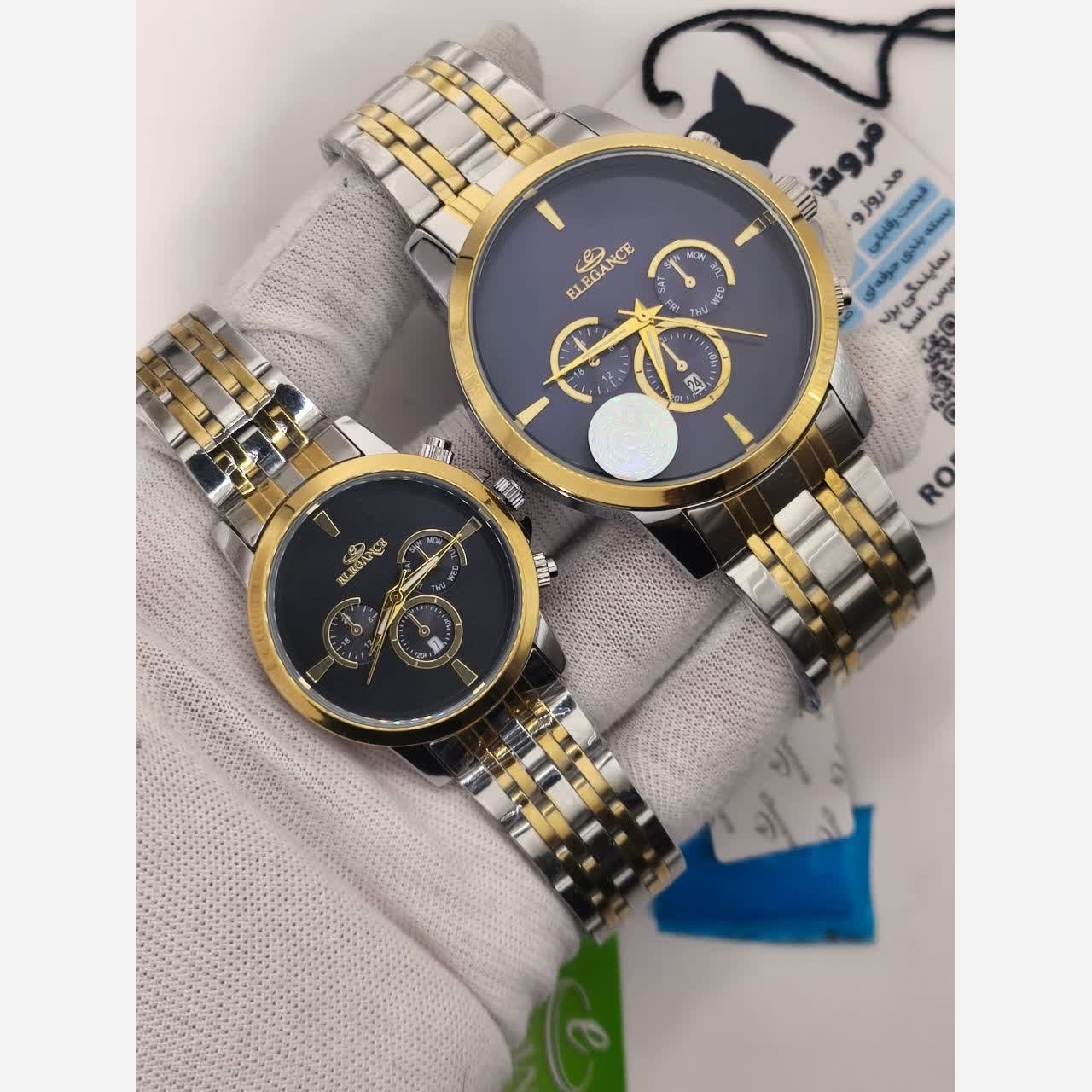 ست ساعت مچی زنانه و مردانه الگانس ELEGANCE طرح کرنو صفحه مشکی،سورمه ای