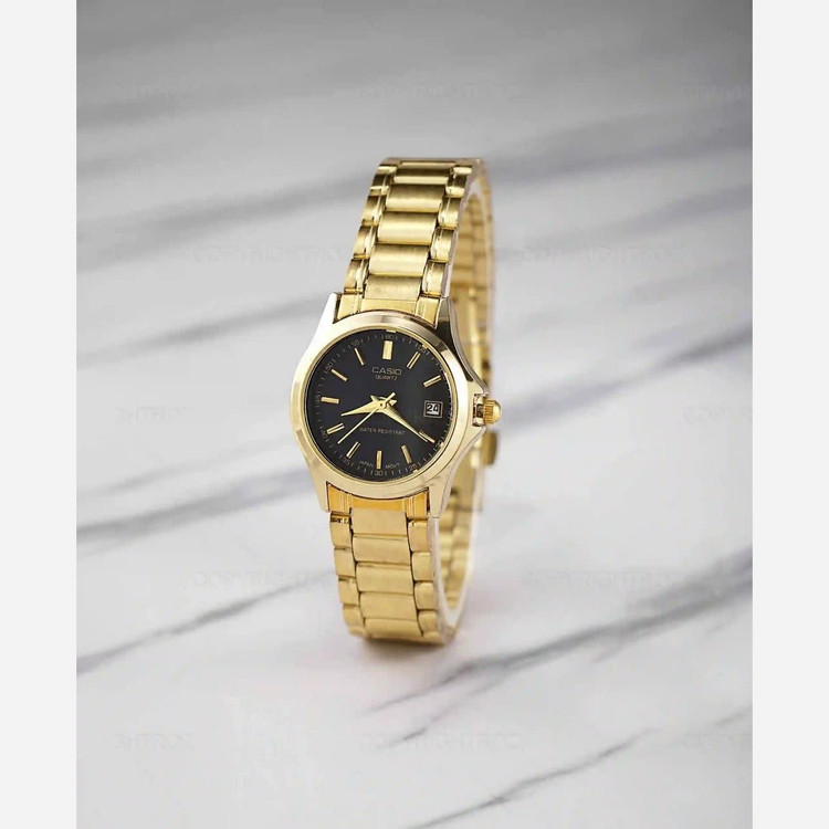 ساعت مچی زنانه کاسیو CASIO موتور ژاپنی بند طلایی صفحه مشکی + جعبه