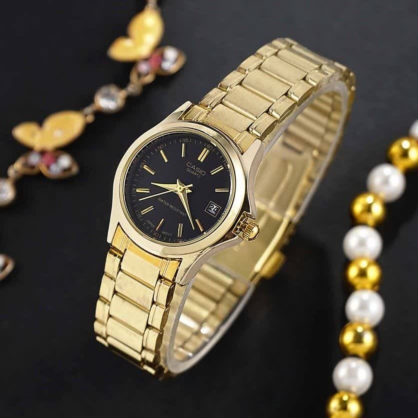 ساعت مچی زنانه کاسیو CASIO موتور ژاپنی بند طلایی صفحه مشکی + جعبه