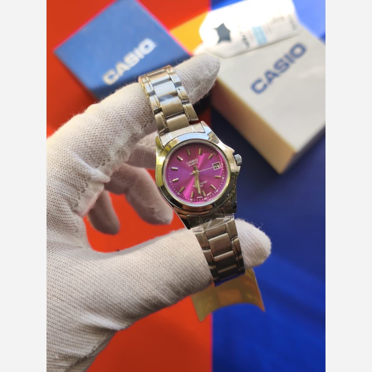 ساعت مچی زنانه کاسیو CASIO موتور ژاپنی صفحه بنفش + جعبه