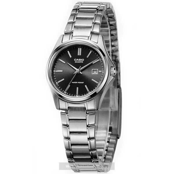 ساعت مچی زنانه کاسیو CASIO موتور ژاپنی بند نقره ای صفحه مشکی+ جعبه