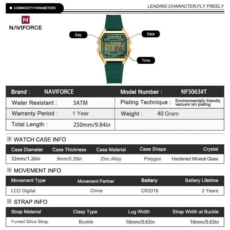ساعت مچی زنانه دیجیتال نیوی فورس NAVIFORCE مدل Nf5063t بند رابر