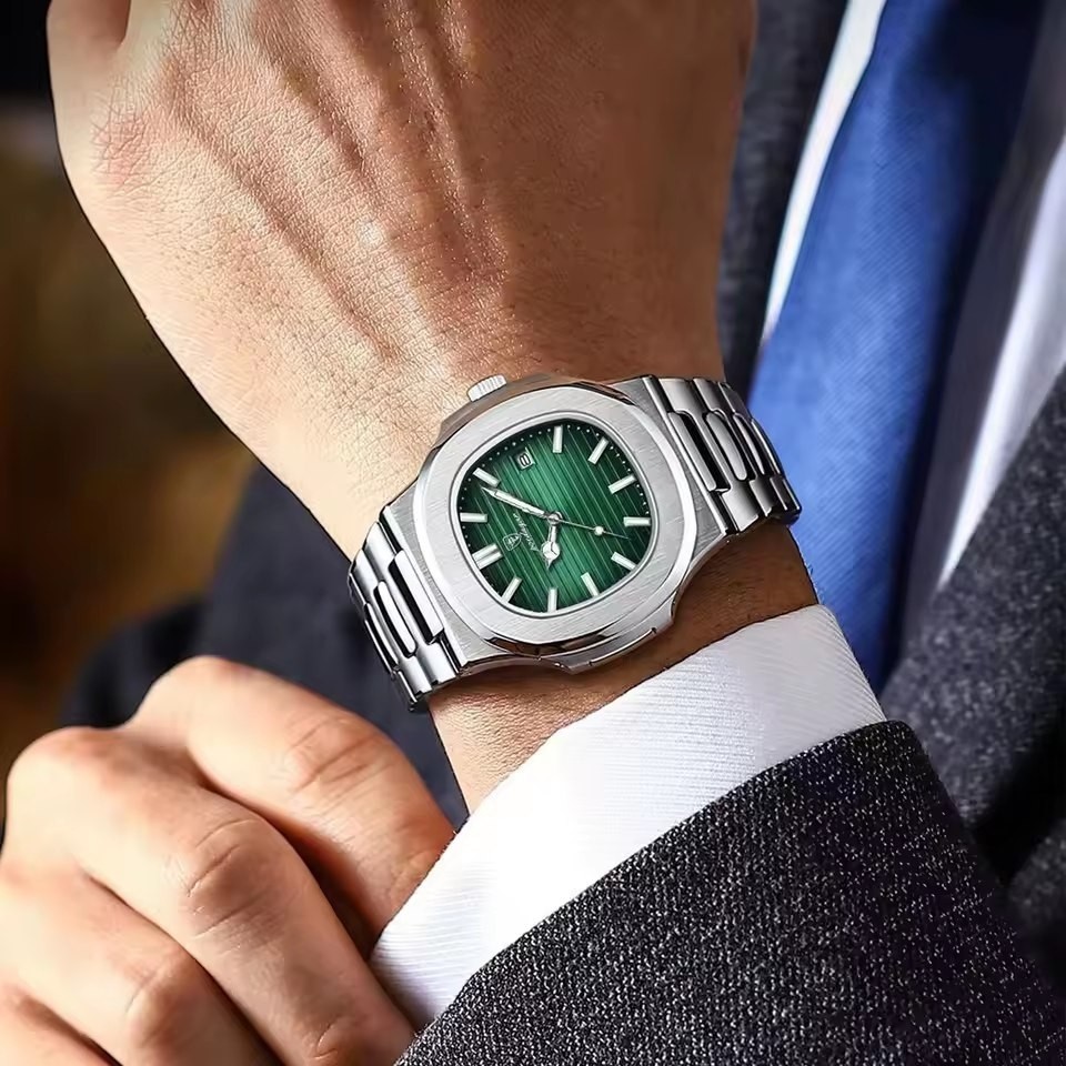 ساعت مچی مردانه پوداگار مربعی خاص poedagar بند استیل صفحه سبز کیفیت عالی