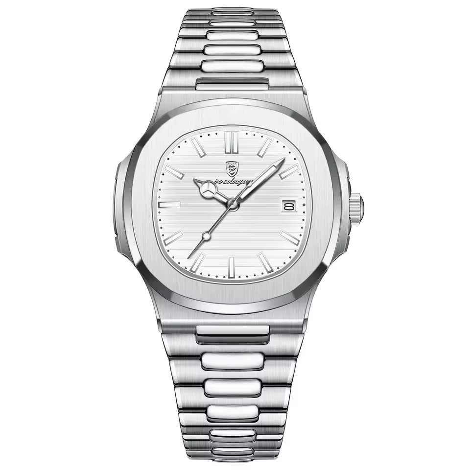 ساعت مچی مردانه پوداگار مربعی خاص poedagar بند استیل صفحه سفید کیفیت عالی