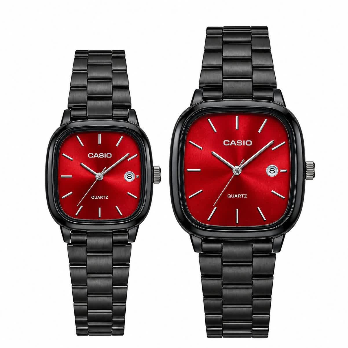 ست ساعت مچی زنانه و مردانه کاسیو اولدمانی CASIO موتور ژاپنی مشکی سرخ + جعبه