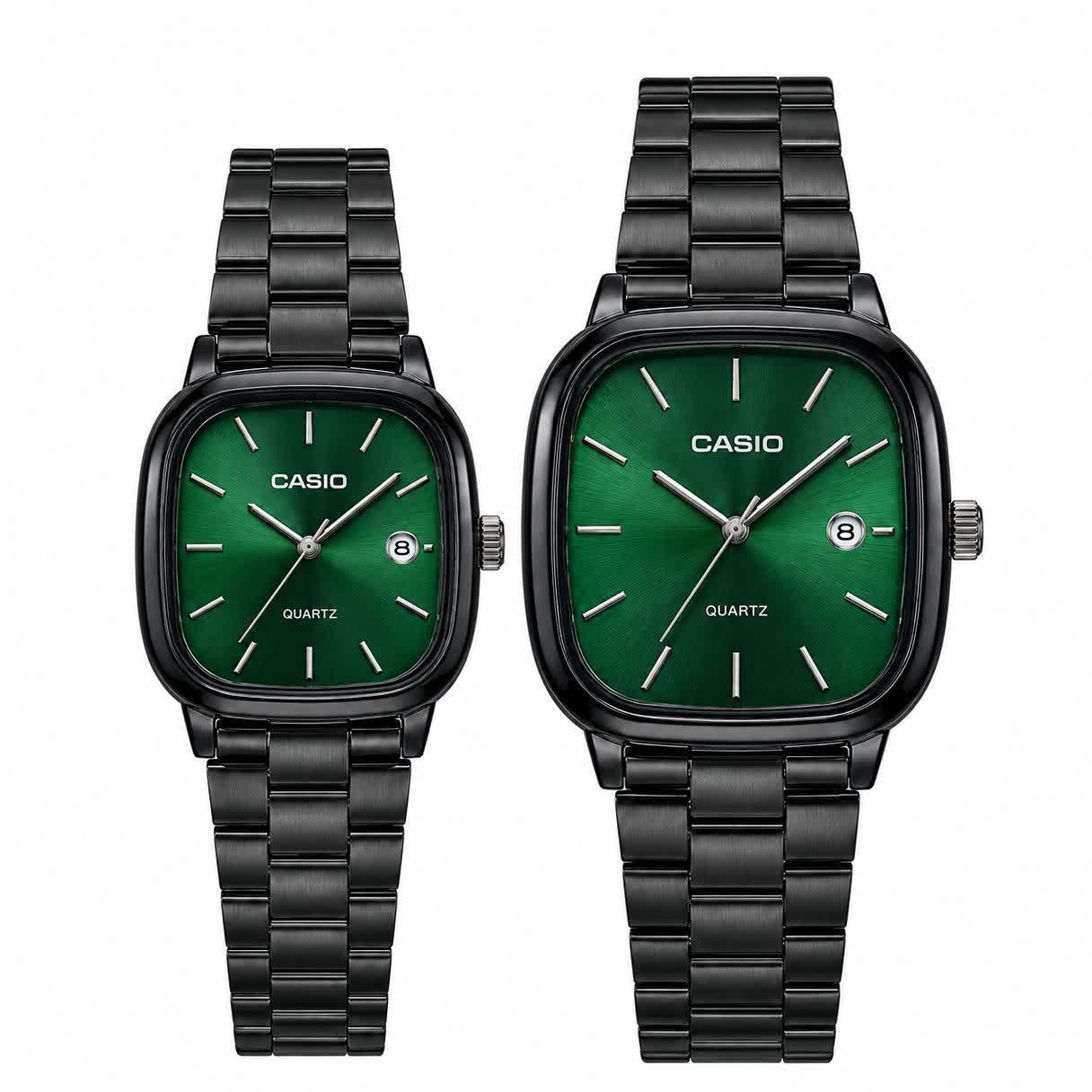 ست ساعت مچی زنانه و مردانه کاسیو اولدمانی CASIO موتور ژاپنی مشکی سبز + جعبه