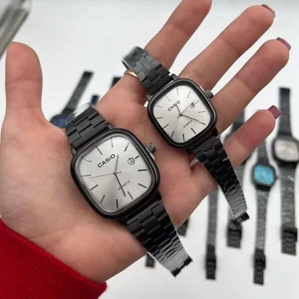 ست ساعت مچی زنانه و مردانه کاسیو اولدمانی CASIO موتور ژاپنی مشکی طوسی + جعبه
