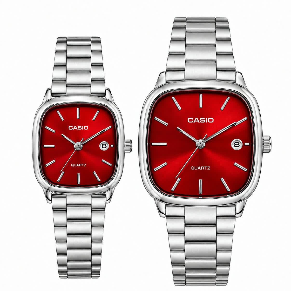 ست ساعت مچی زنانه و مردانه کاسیو اولدمانی CASIO موتور ژاپنی صفحه قرمز + جعبه