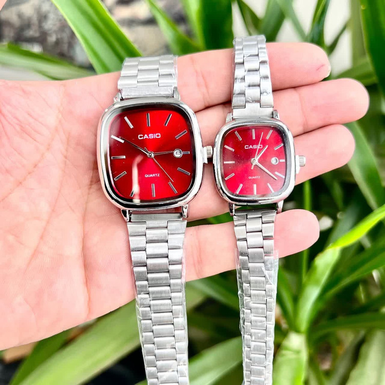 ست ساعت مچی زنانه و مردانه کاسیو اولدمانی CASIO موتور ژاپنی صفحه قرمز + جعبه