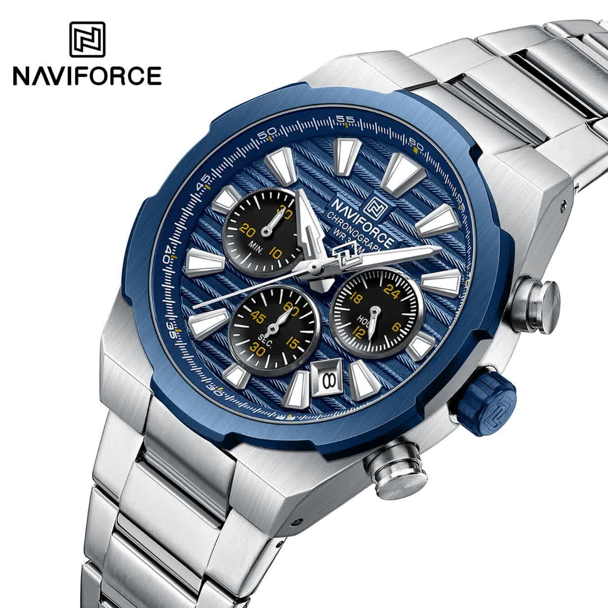 ساعت مچی نیوی فورس مردانه کرنوگراف NAVIFORCE مدل NF8081 نقره ای سرمه ای + فول