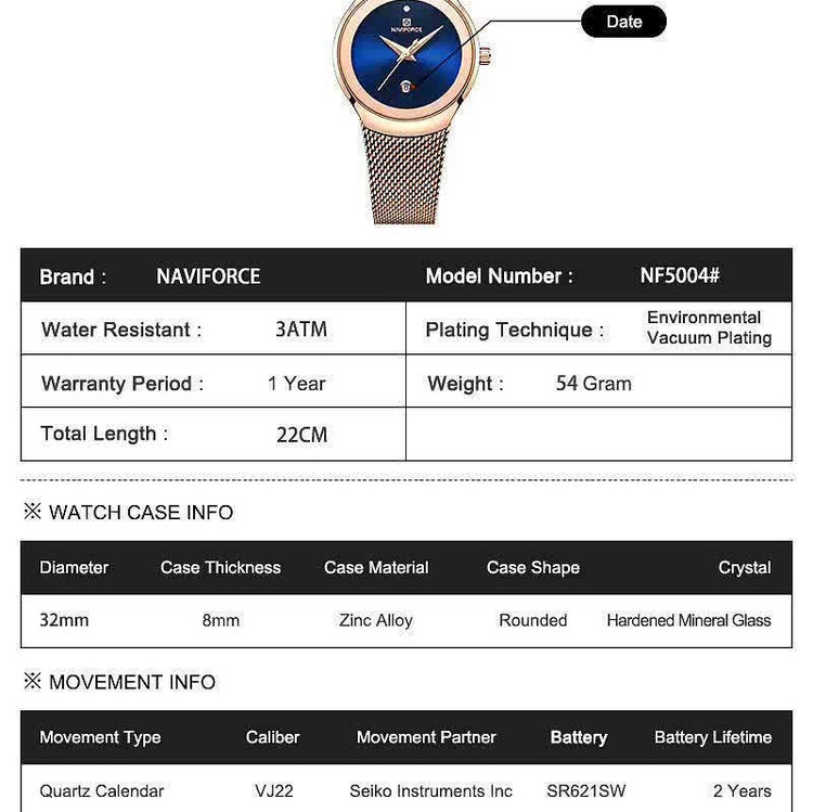 ساعت مچی عقربه ای زنانه نیوی فورس NAVIFORCE مدل Nf5004 رزگلد