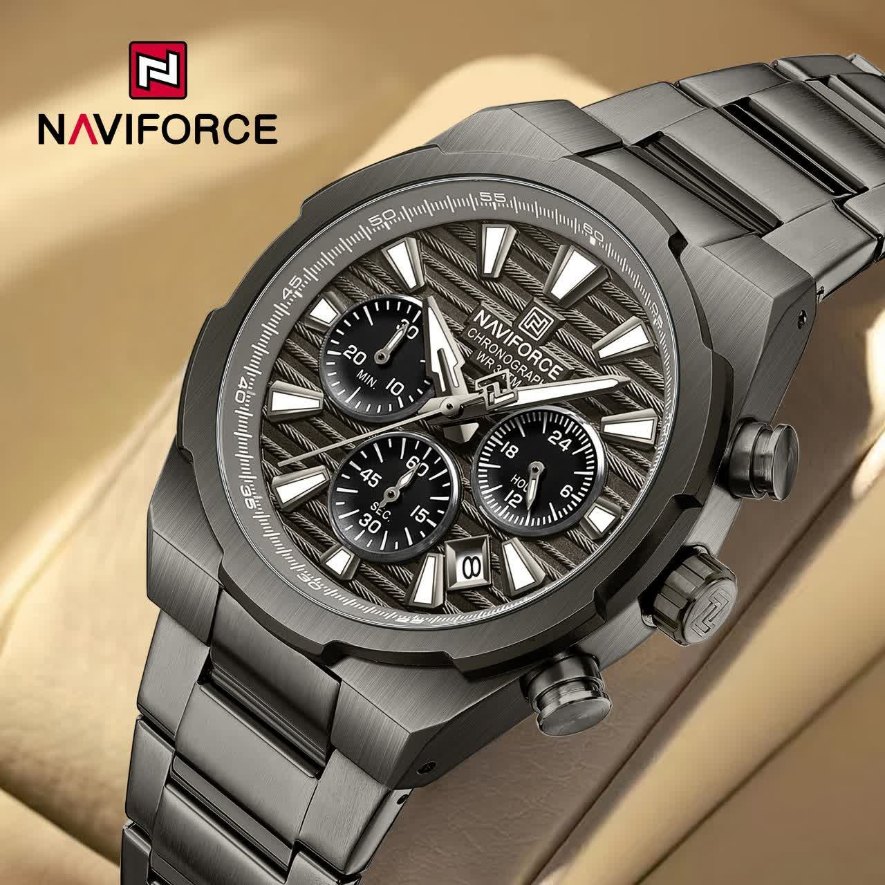 ساعت مچی نیوی فورس مردانه کرنوگراف NAVIFORCE مدل NF8081 مشکی متالیک + فول