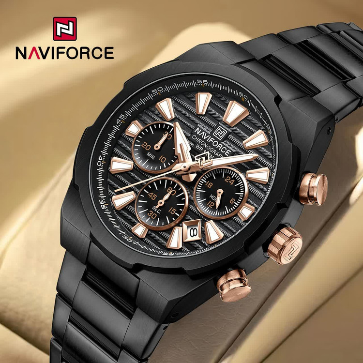 ساعت مچی نیوی فورس مردانه کرنوگراف NAVIFORCE مدل NF8081 مشکی رزگلد + فول