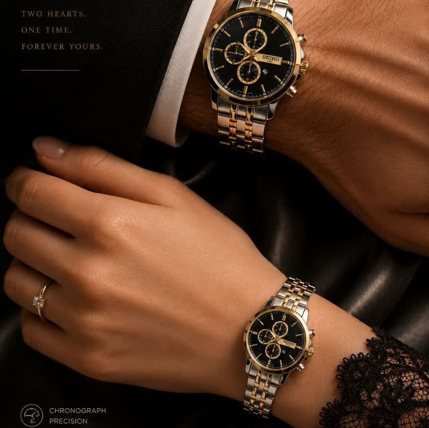 ست ساعت مچی مردانه و زنانه سیکو SEIKO موتور ژاپن صفحه مشکی