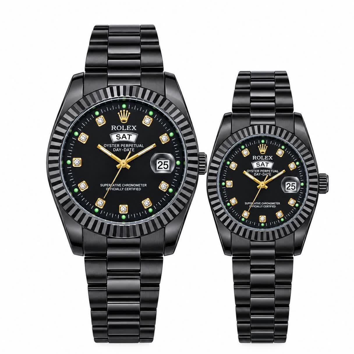 ست ساعت مچی زنانه و مردانه رولکس ROLEX فول بلک دو تقویمه