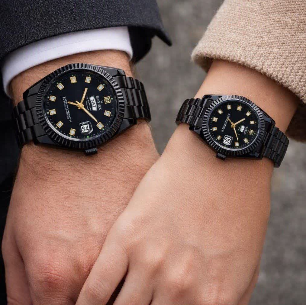 ست ساعت مچی زنانه و مردانه رولکس ROLEX فول بلک دو تقویمه