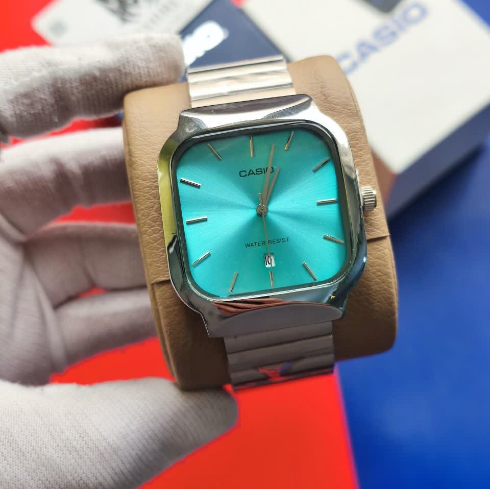 ساعت مچی مردانه کاسیو اولدمانی تری AAA CASIO موتور ژاپنی صفحه فیروزه ای + فول پک