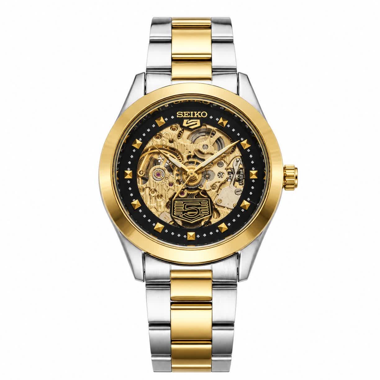ساعت مچی اتوماتیک مردانه سیکو پنج SEIKO 5 نقره ای طلایی صفحه مشکی