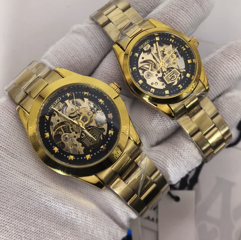 ست ساعت مچی اتوماتیک زنانه و مردانه سیکو پنج SEIKO 5 طلایی صفحه مشکی