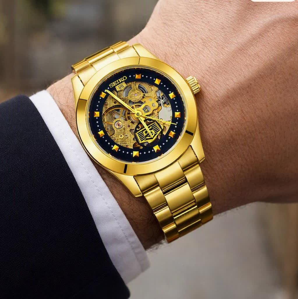 ست ساعت مچی اتوماتیک زنانه و مردانه سیکو پنج SEIKO 5 طلایی صفحه مشکی