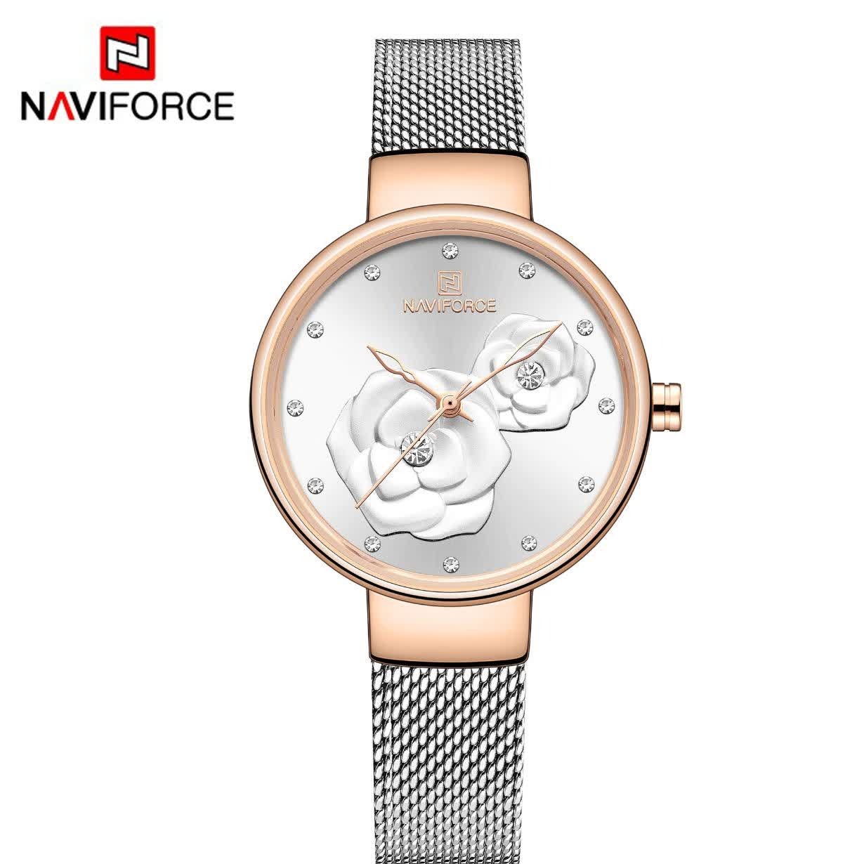 ساعت مچی نیوی فورس زنانه حصیری طرح گل NAVIFORCE مدل NF5013 نقره ای