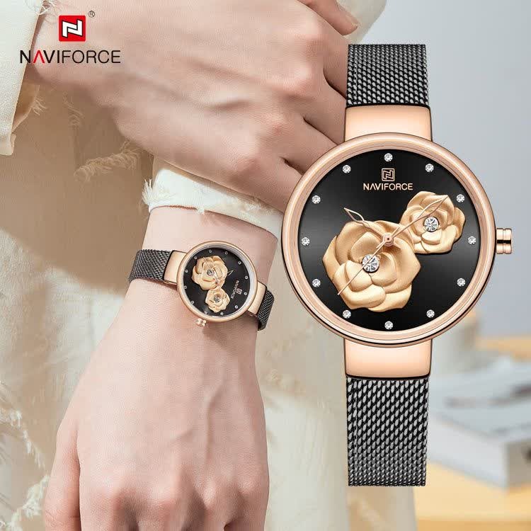 ساعت مچی نیوی فورس زنانه حصیری طرح گل NAVIFORCE مدل NF5013 مشکی