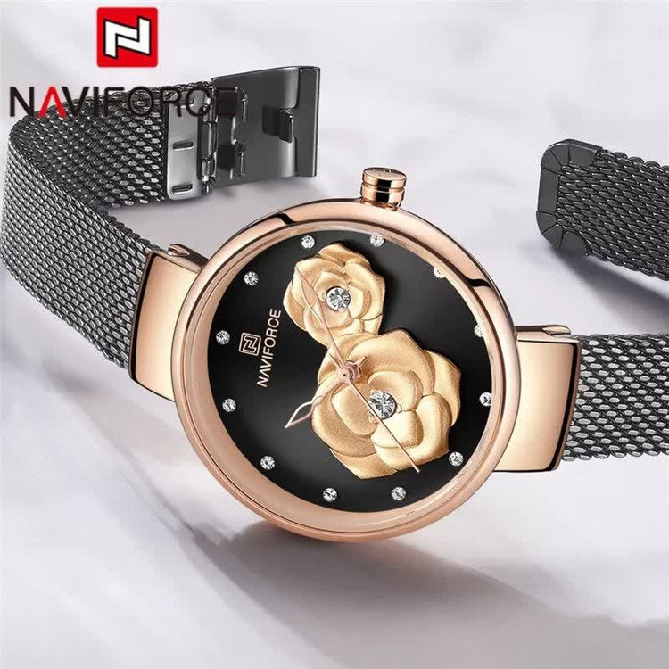 ساعت مچی نیوی فورس زنانه حصیری طرح گل NAVIFORCE مدل NF5013 مشکی